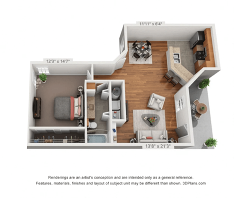 a stylized floor plan with a bedroom and a living room